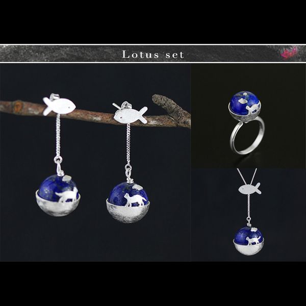 

lotus fun real 925 sterling silver handmade designer fine jewelry cat's dream jewelry set with ring earring pendant necklace, Black