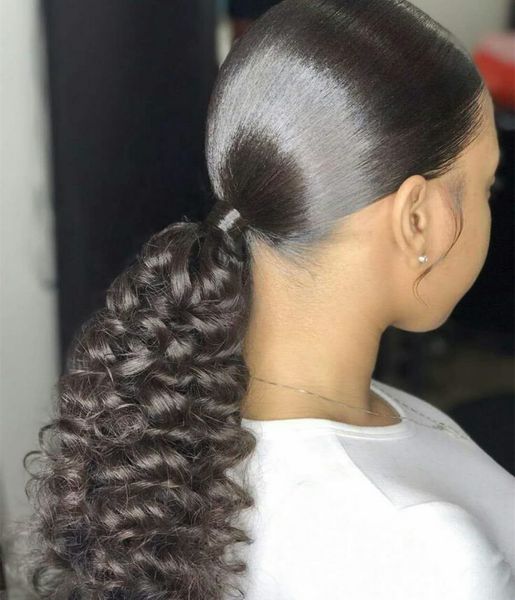 

brazilian hair ponytails 100% human hair extensions clip in nice curl wet and wavy 10-22inch lace wrap ribbon ponytails 120g, Black