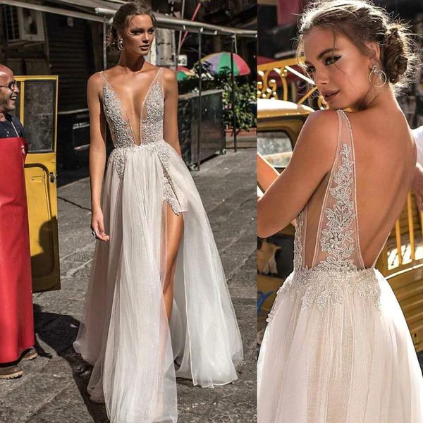 

сексуальная глубокий v шеи boho свадебные платья из бисера аппликация спинки ремни высокая сплит щелевая тюль пляж свадебное платье vestido, White