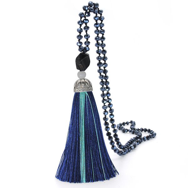

natural stone tassel necklace cotton silk tassel crystal bead long necklaces women gifts mix colors bohemian jewelry yf, Silver