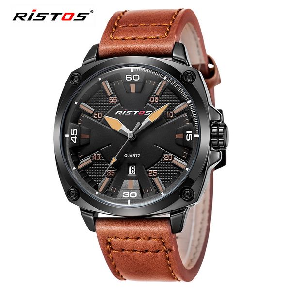 

ristos men sport watch casual genuine leather quartz watches reloj masculino wristwatch relojes hombre montres 93003, Slivery;brown