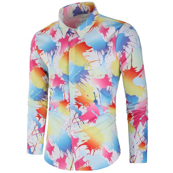 

shirt men's summer 2018 long sleeve fashion men's 3d splash ink splash shirt slim large size business men, White;black