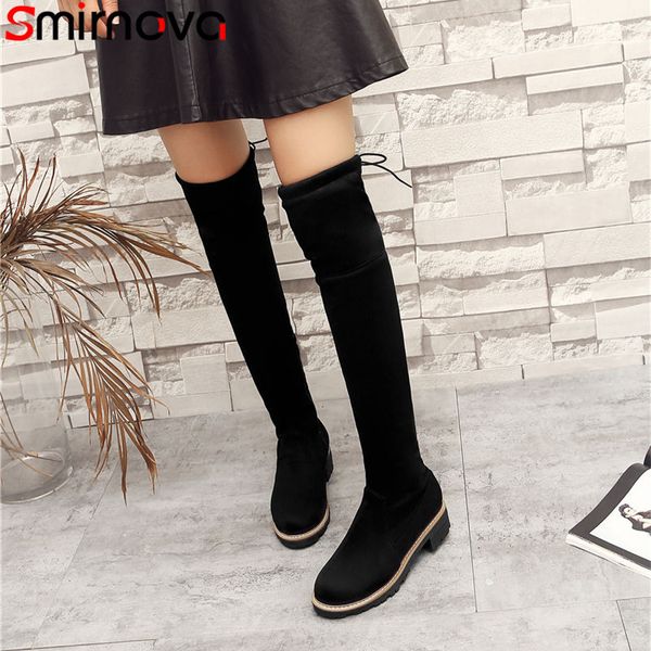 

smirnova new fashion 2018 warm winter thigh high boots casual round toe over the knee boots ladies flock woman med high, Black