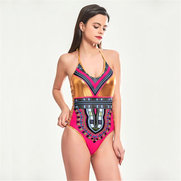 

Europe US Newest Trend colorful gold red patchwork Contrast Color Bronzing Print one piece swimwear Sexy lady Noble Charm Ribbon Elasticity