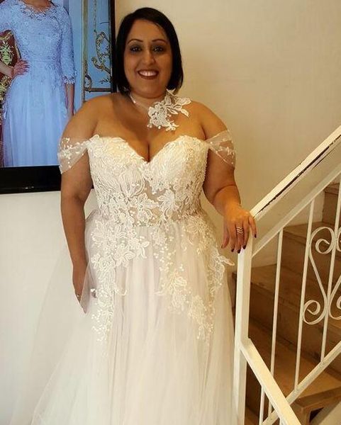 

plus size wedding dresses sweetheart sleeveless off the shoulder lace appliques see through tulle skirt country beach bridal gowns, White