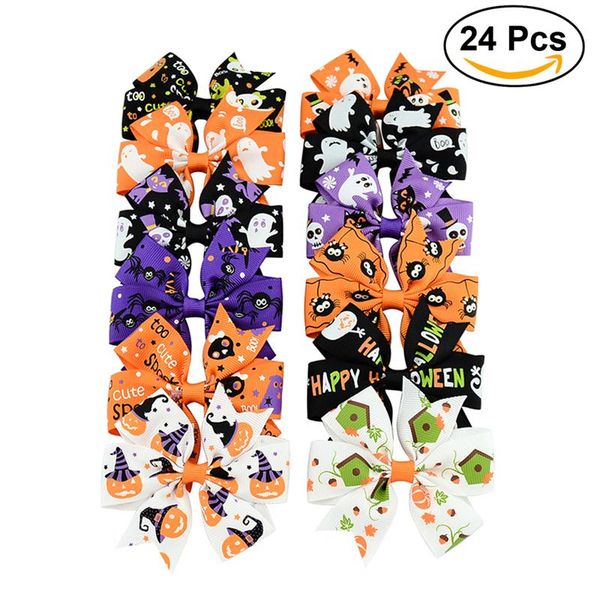 

24pcs holiday ribbon bow alligator halloween bowknot hair clip for children halloween hair accessories hairpin grosgrain ghost pinwheel gift, Golden;silver