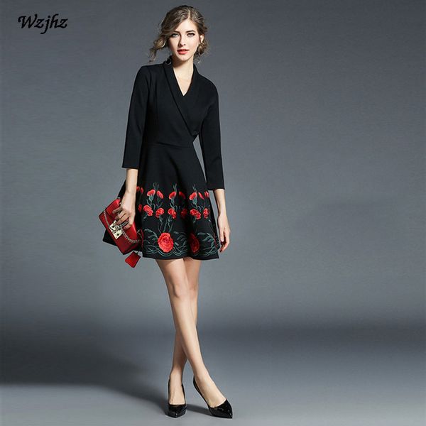 

wzjhz europe and the united states style ladies fashion dress new lapel flowers embroidery 3/4 sleeve work casual dress, White;black