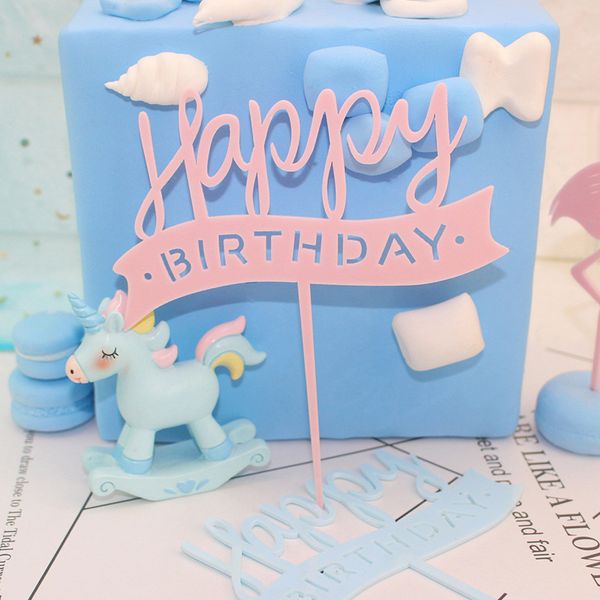 

pink blue happy birthday cake flags acrylic cake er for girl boy's birthday party decor supplies sale