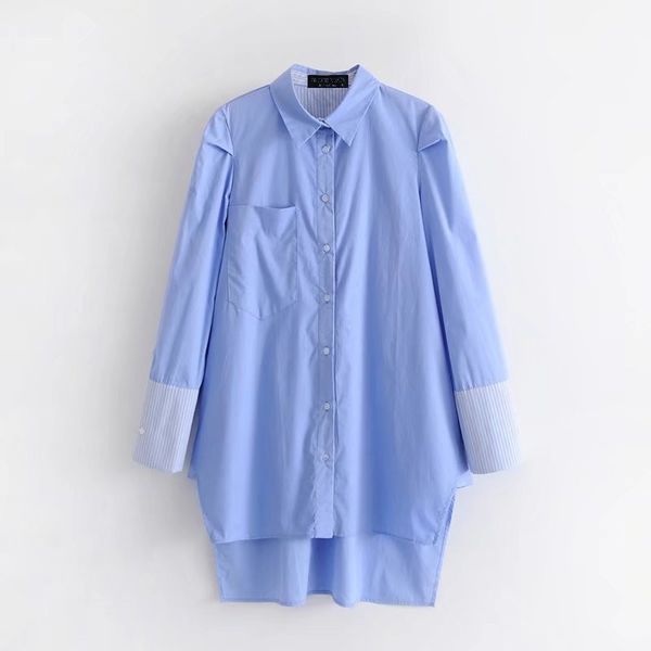 

женщины синий асимметричный длинная рубашка твердые полосатый лоскутное с длинным рукавом отложным воротником блузка дамы топ blusa сорочка, White