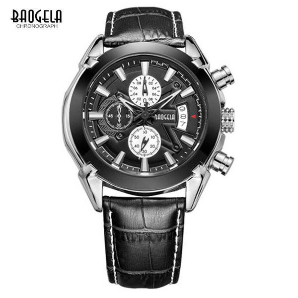 

baogela chronograph luminous mens watches quartz wrist watch leather strap round dial wristwatch for man 1602, Slivery;brown