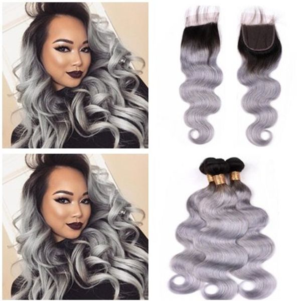 

body wave peruvian silver grey ombre human hair weaves with closure 1b/grey 2tone ombre 4x4 lace front closure with 3bundles deals, Black;brown