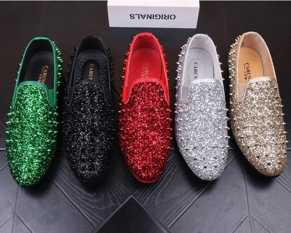 

2018 New style Fashion Gold Spiked Loafers Shoes Men Round Toe Bling Sequins Banque Wedding Shoes Male Slip On Rivets Men Shoes Leather J176