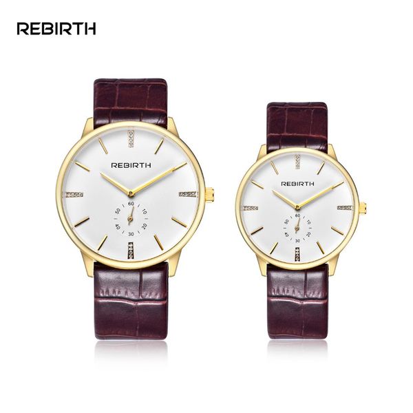 

rebirth luxury lovers couple watches men women dress simple diamond design watches leather strap quartz wristwatch montre homme, Slivery;brown