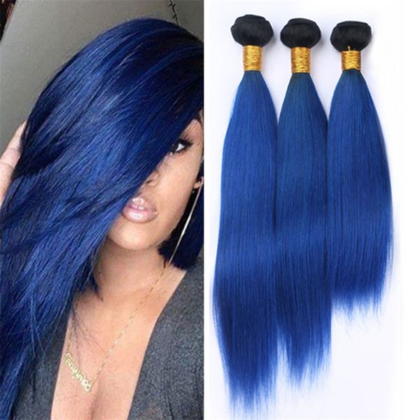 Virgin Peruvian Blue Ombre Human Hair Weave 3 Bundles Silky
