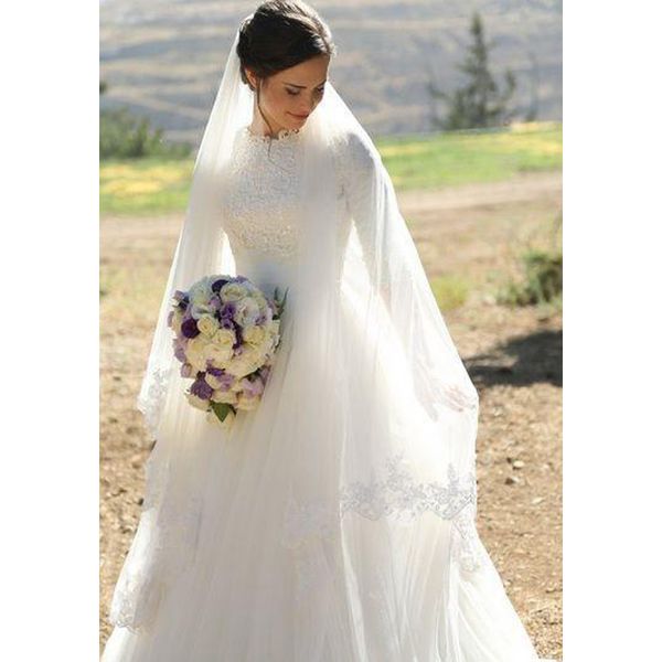 

muslim wedding dresses high neck half sleeves appliques satin tulle floor length modest wedding gowns bridal dresses zipper up, White