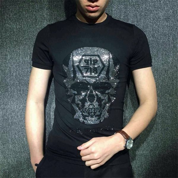 

мужчины дизайнер футболка 2018 лето повседневная рубашки для мужчин уличная одежда экипаж шеи череп с коротким рукавом плюс размер мода топы, White;black