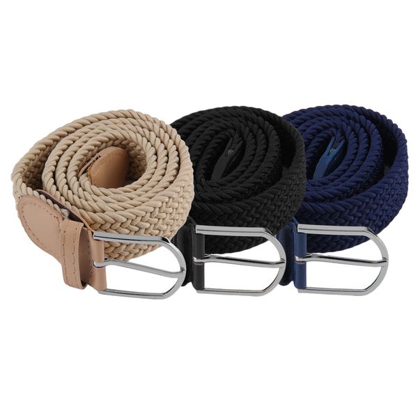 

practical men's casual woven canvas braided belt metal buckle stretch elastic belt stylish waistband 3 colors, Black;brown