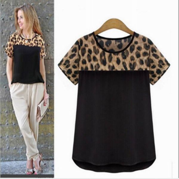 

womens print sleeve cute summer design loose chiffon patchwork leopard short t-shirt qiwvb, Black