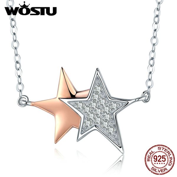 

wostu 925 sterling silver & rose gold shining stars pendant choker necklace for women fashion jewelry gift cqn270
