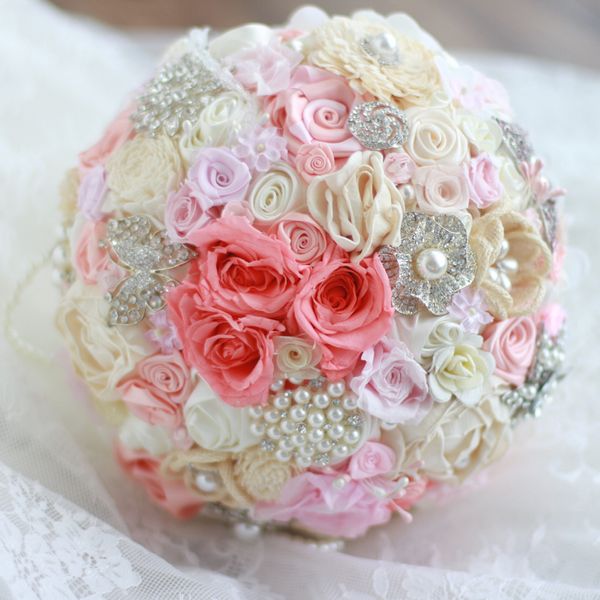 Acheter Bouquet De Mariage Fait Main Haut De Gamme De Haute Qualité Bricolage Bijoux Broche Fleur éternelle Soie Rose Rose Bouquet De Mariée De