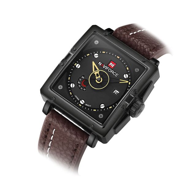 

wengle new naviforce selling men calendar week fashion tempered glass mirror square genuine leather quartz watch, Slivery;brown