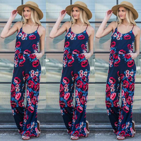 

autumn 2018 jumpsuits for women sleeveless loose jumpsuit spaghetti strap fashion printed tighten waist elegant women jumpsuits, Black;white