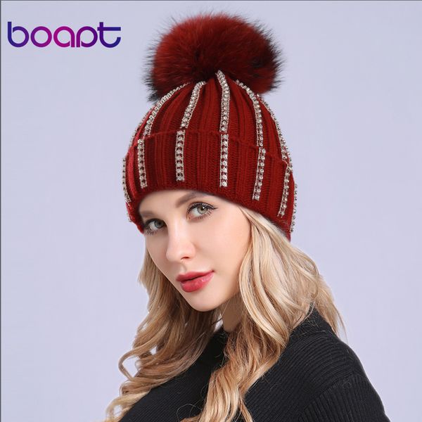 

boapt] knitted warm lady fashion rhinestones skullies beanies cap fluffy pompon natural fur winter hats for girls women's hats, Blue;gray