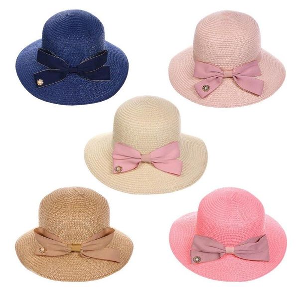 

fashionable bow summer straw sun hat women wide brimmed panama foldable hat beach casual sun hats caps for female girls, Blue;gray