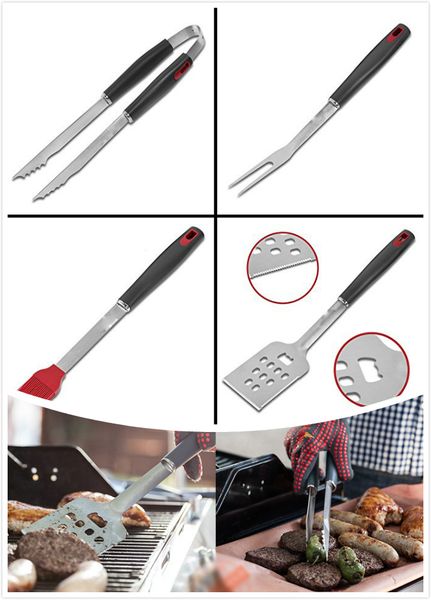 

portable outdoor multifuntion stainless steel barbecue 4 sets of fork shovels brush and oven combination picnics bbq kitchenware set