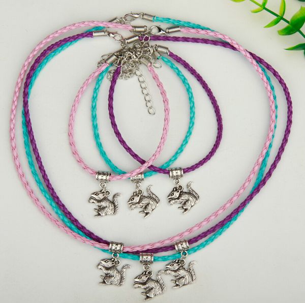 

горячие продажи 10 компл. / лот сплава древнего серебряного белка шарм подвеска многоцветный плетеный веревка ожерелье браслет набор женщины, Silver