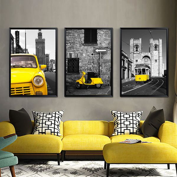 

nordic canvas painting hd printed picture poster building and yellow car wall art living room bedroom bedside home decoration