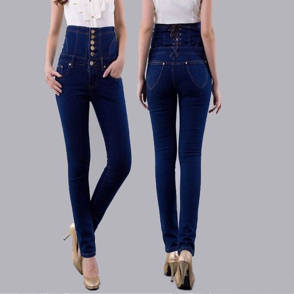 

fashion vintage women's empire waist jeans woman skinny super high waisted jeans lady slim stretch pencil jean plus size 6xl, Blue