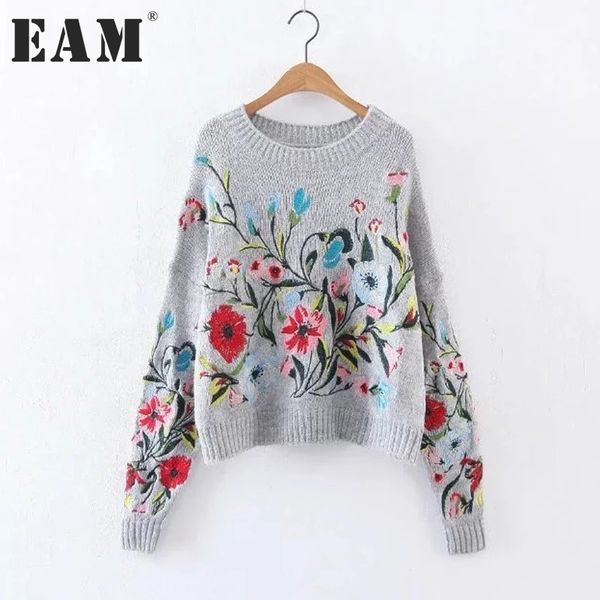 

[eam] 2018 autumn round neck long sleeve flower embroidered gray knitting warm loose sweater women fashion tide s18100803, White;black