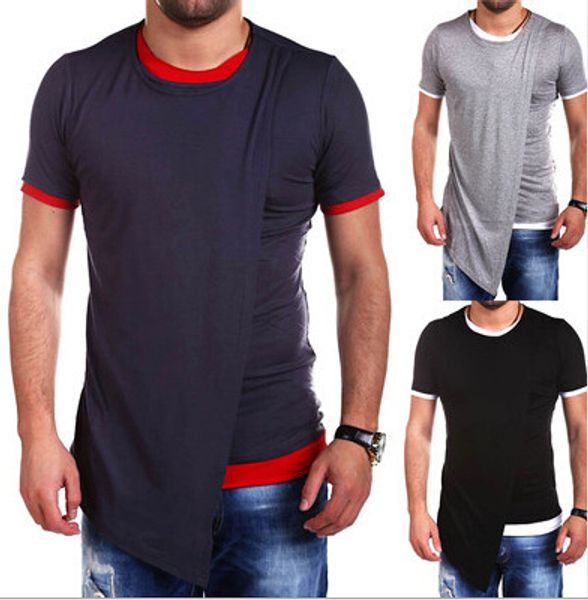 

Mens Crew Neck T-shirts Fake Two Pieces Irregular T-shirt New Type Of Tee 3 Colors