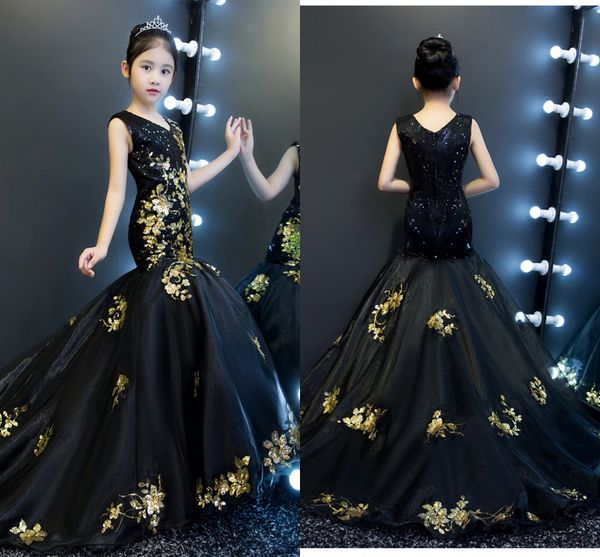 Abiti da spettacolo per ragazze a sirena oro e nero 2022 scollo a V con retro a V in tulle con paillettes abito da festa per bambini abiti per occasioni speciali bambini ragazza di fiori