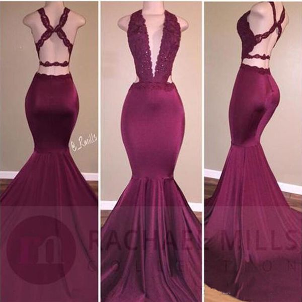 

2K17 Burgundy Prom Dresses Mermaid Deep V-neck Elastic Satin Open Back Special Occasion Party Gowns For African Evening Dresses