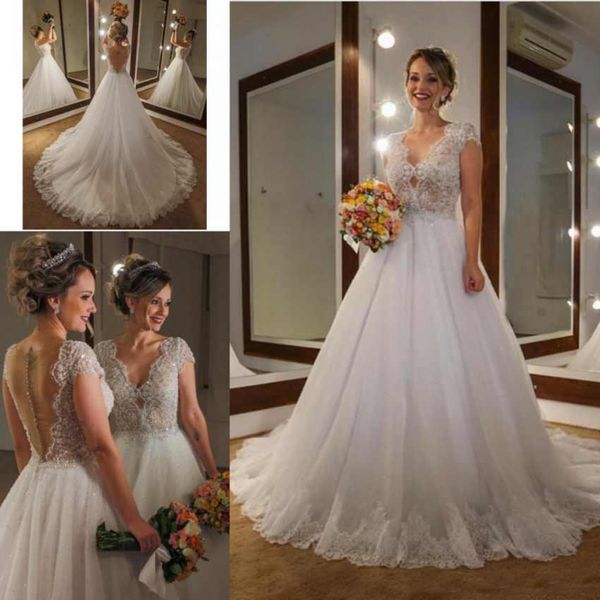 

Plus Size Wedding Dresses 2019 A Line Deep V Neck Sweep Train Bridal Gowns Lace Appliques Sequins Illusion Back With Button Wedding Gowns