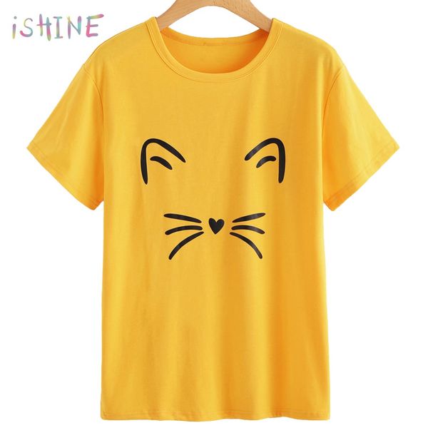 

2018 women t-shirt short sleeve cute cartoon cat print girls t shirt lovely meow print cotton tshirt female, White