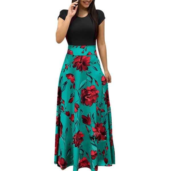

boho women floral maxi dress casual o neck print short sleeves summer beach evening party long sundress plus size 2xl, White;black