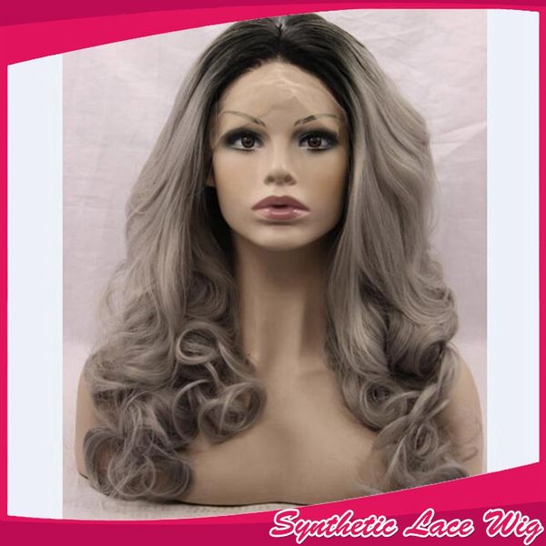 

мода седые волосы парик ombre жаропрочных ombre объемная волна синтетический парик фронта шнурка glueless ombre серые волнистые волосы синте, Black