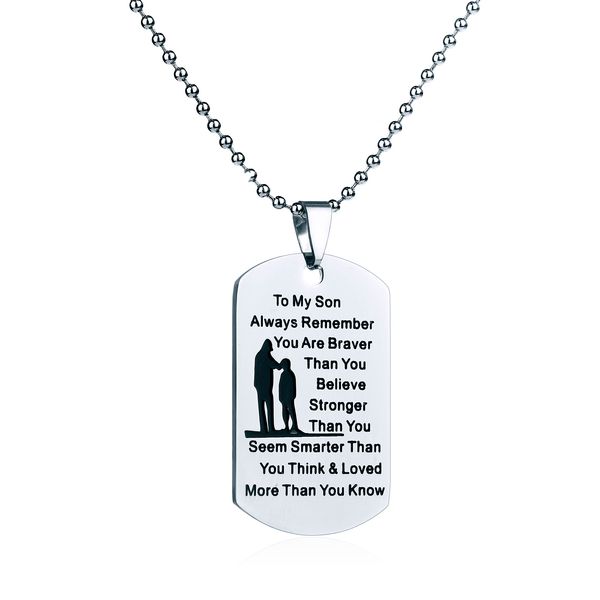 

hand stamped dad son dog tag necklace military mens boy jewelry always remember you are braver stronger than you believe pendant birthday gi, Silver
