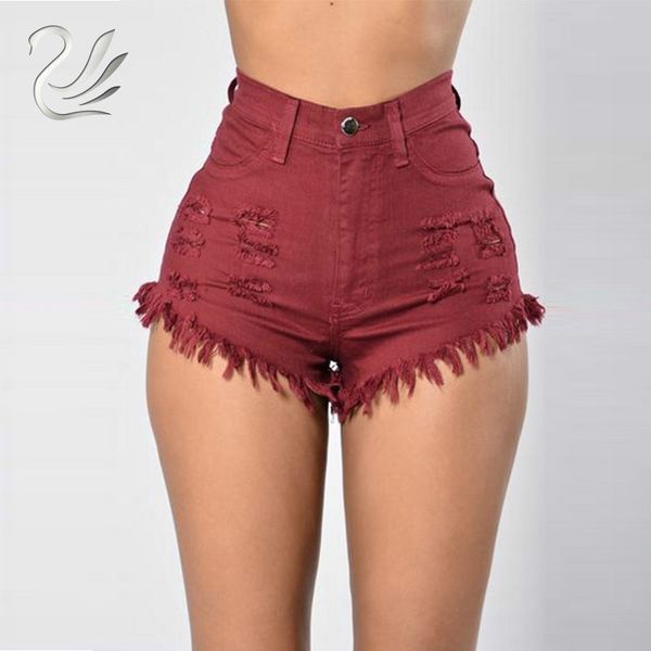 

2017 summer vintage ripped hole fringe denim shorts women casual pockets high waist jeans shorts girl plus size, White;black