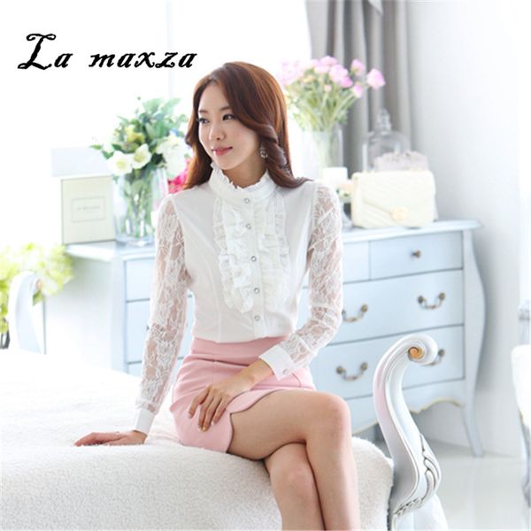 

2018 autumn women shirts lace casual korean style office formal fashion slim shirt new arrival, White