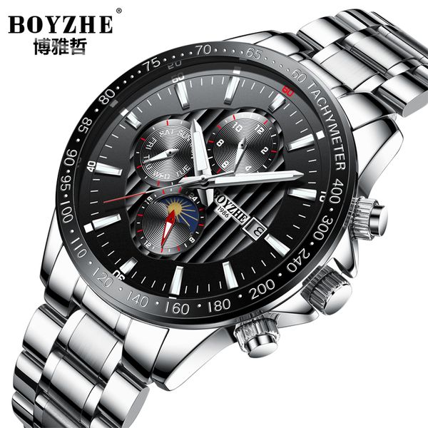 

boyzhe business men's mechanical watches stainless steel multi functional automatic watch men moon phase calendar montre homme, Slivery;brown