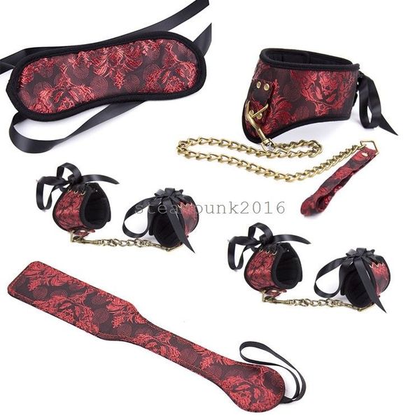 Chinesische rote Bondage-Rollenspiel-Handschellen, Fußfesseln, Halsband, Leine, Paddel, Augenklappe #R45