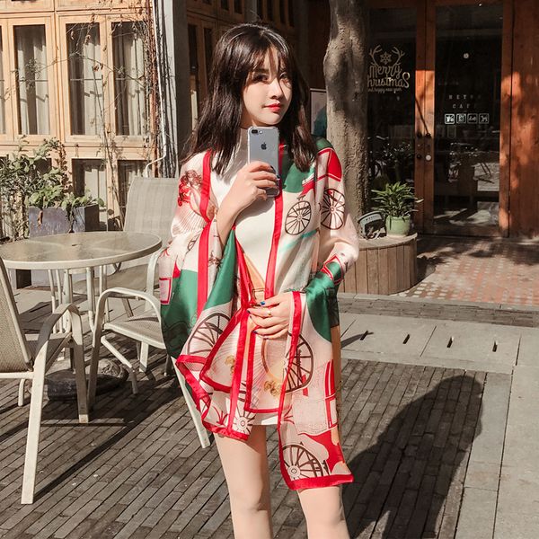 

spring and summer new carriage printing lady scarf summer anti sunshine lady imitation silk big wide scarf 180*90cm, Blue;gray