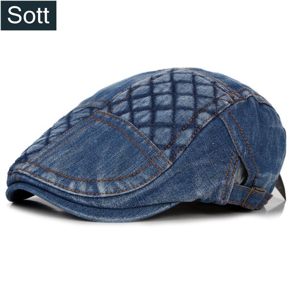 

[sott] fashion summer washed beret vintage stitching caps men berrets women hats brim hat cowboy cotton baseball caps, Blue;gray