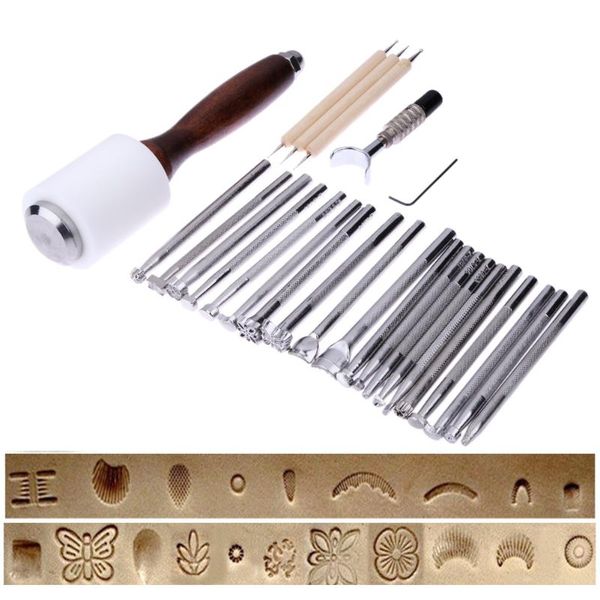 

25pcs/set stainless steel leather carving stamps hammer beveler kit diy leathercraft embossed leather hand tools, Black