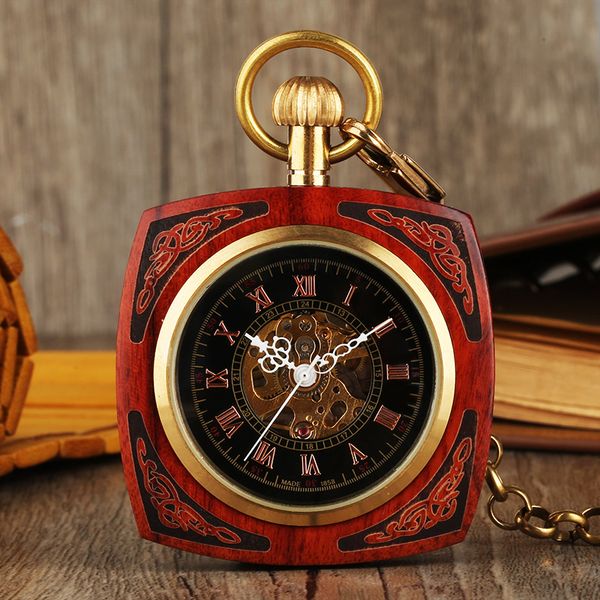 

exquisite wooden pocket watch vintage hand wind mechanical watches square wood pendant pocketwatch reloj de bolsillo, Slivery;golden