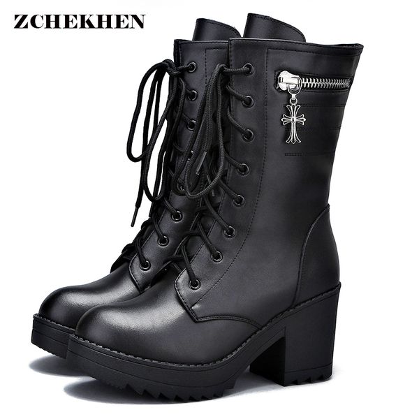 

russian shoes genuine leather black platform boots women zipper spring high heels shoes lace up ankle boots size 35-40